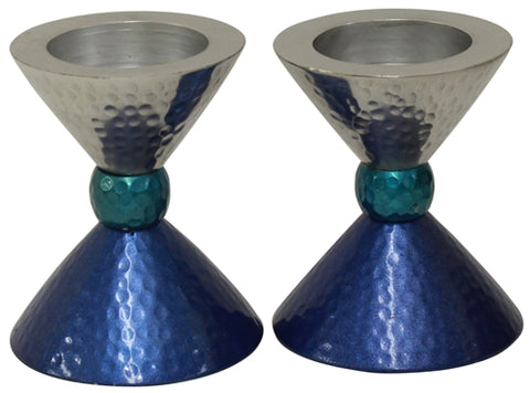 Tea Light Candlesticks in Hammered Nickel with Blue Accents