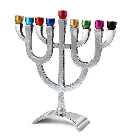 Artistic Hanukkah Menorah with Anodized Multi Colored Cups
