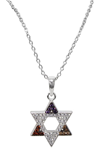 Silver Star Of David Necklace with Multi-colored stones