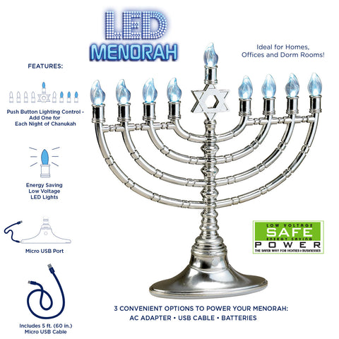 Silvertone LED Hanukkiah Menorah with Clear Bulbs